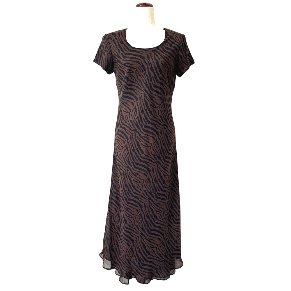VTG 90s Y2K Zebra Print Maxi Dress Brown Black Jessica Howard 10 Animal Print